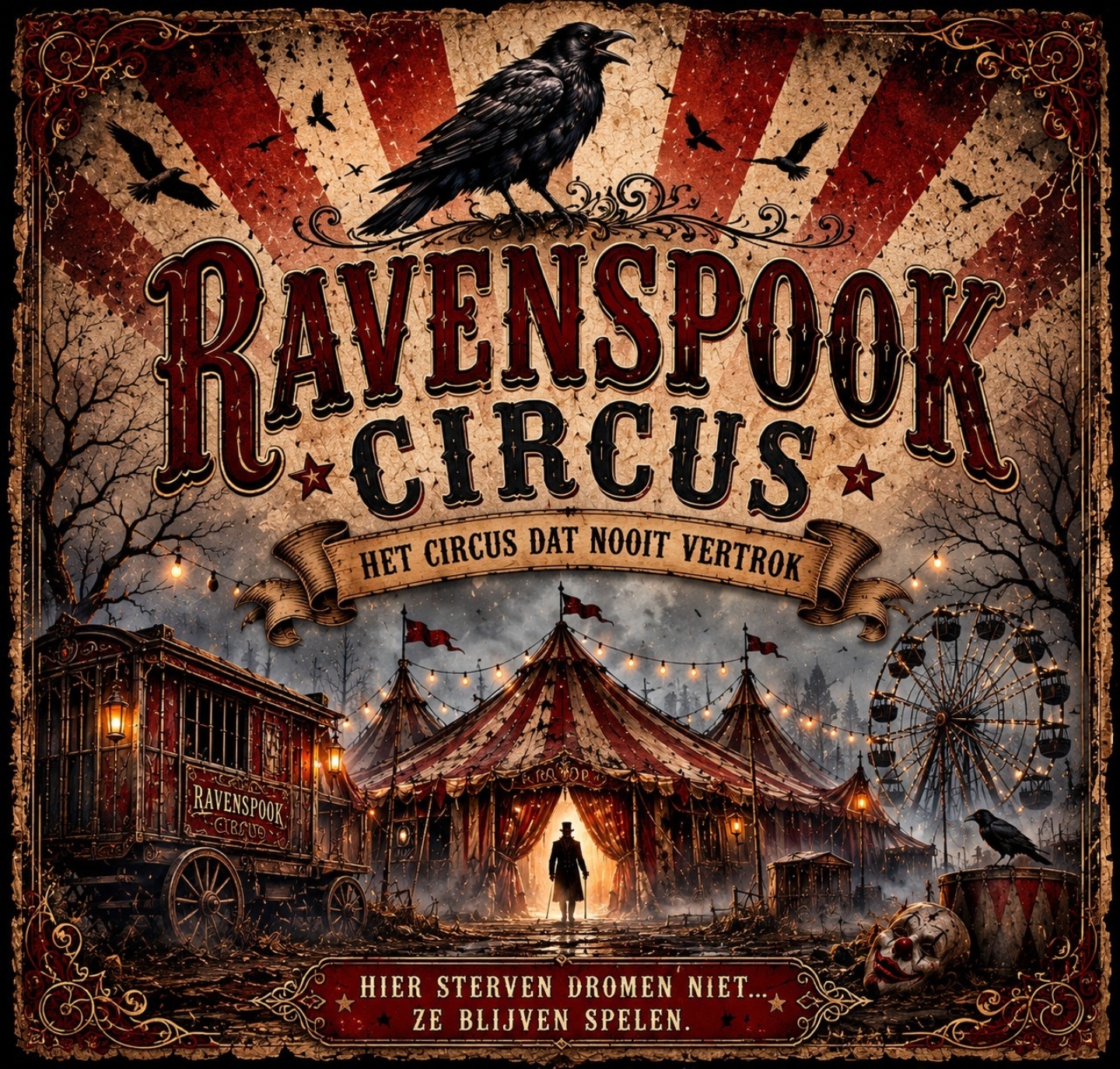 Het originele Ravenspook Circus-affiche, met een raaf, een verlaten circustent en een mysterieuze circusdirecteur
